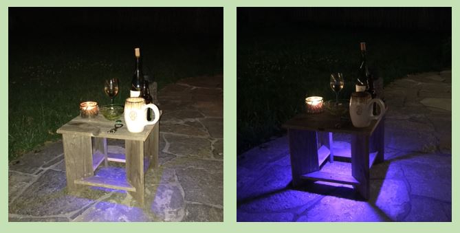 Two photos of a small square patio table made from cedar boards. Both photos are at night. The one on the left is lit by a patio light. The one on the right has only a faint purple light coming from underneath the table.