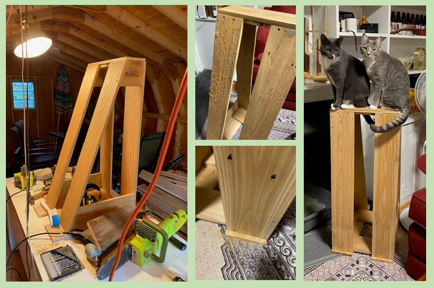 The photo is a collage of four photos of a wooden scratching post made for cats. It is entirely wooden, sloped on one side and vertical on the opposite side. It is flat on top so the cats can sit on it. One photos is in the workshop, two photos show the evidence of scratching, and a fourth photo shows our two cats sitting on top.